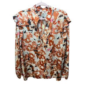 Nic And Zoe Pressed Petals Popover Blouse Watercolor Floral Ruffle
